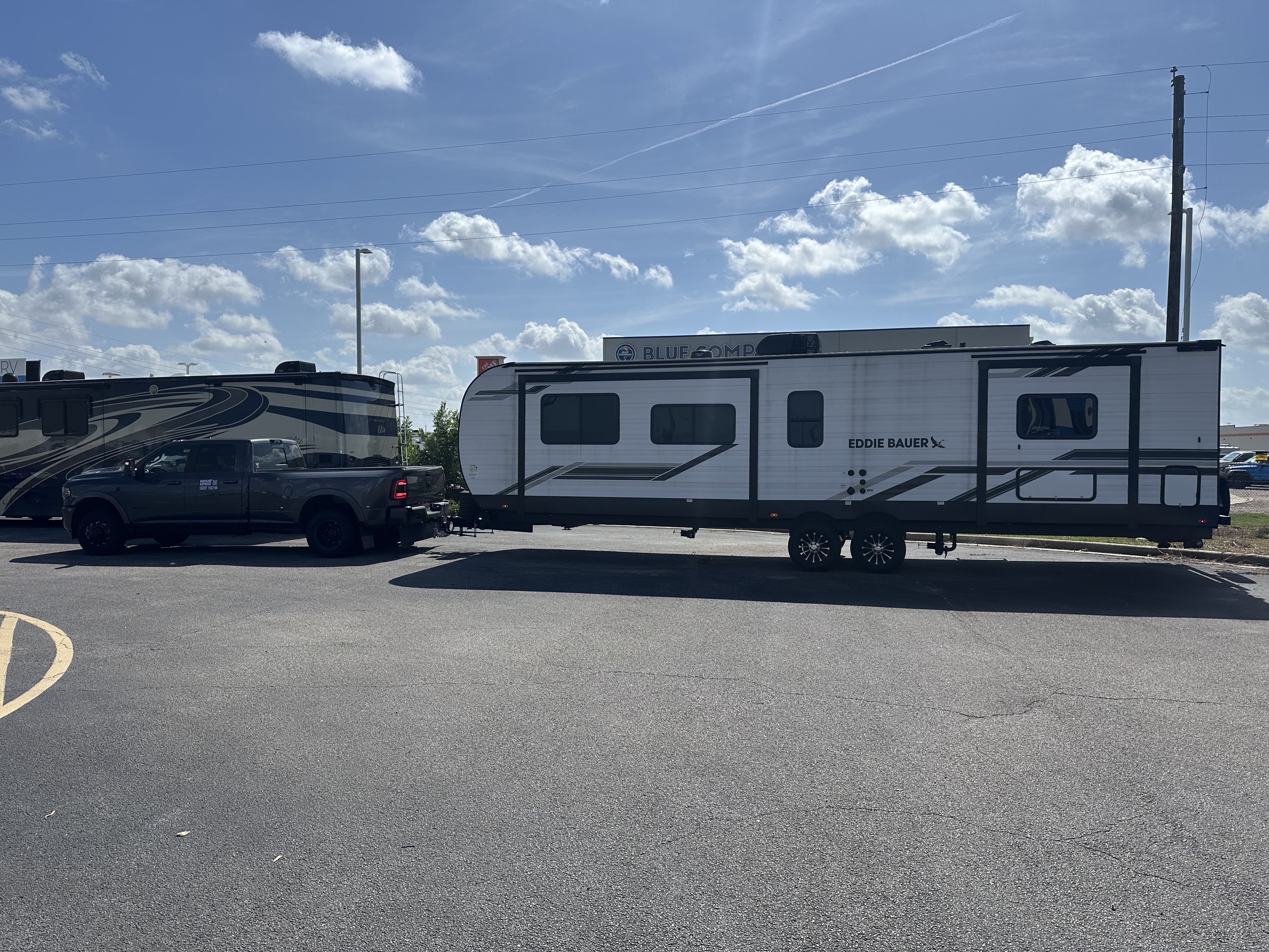Forest River Eddie Bauer travel trailer on transport